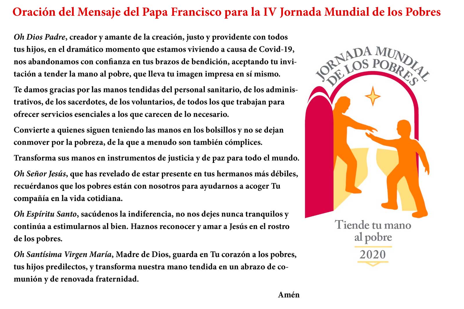 "Tiende tu mano al pobre". Mensaje del Papa Francisco